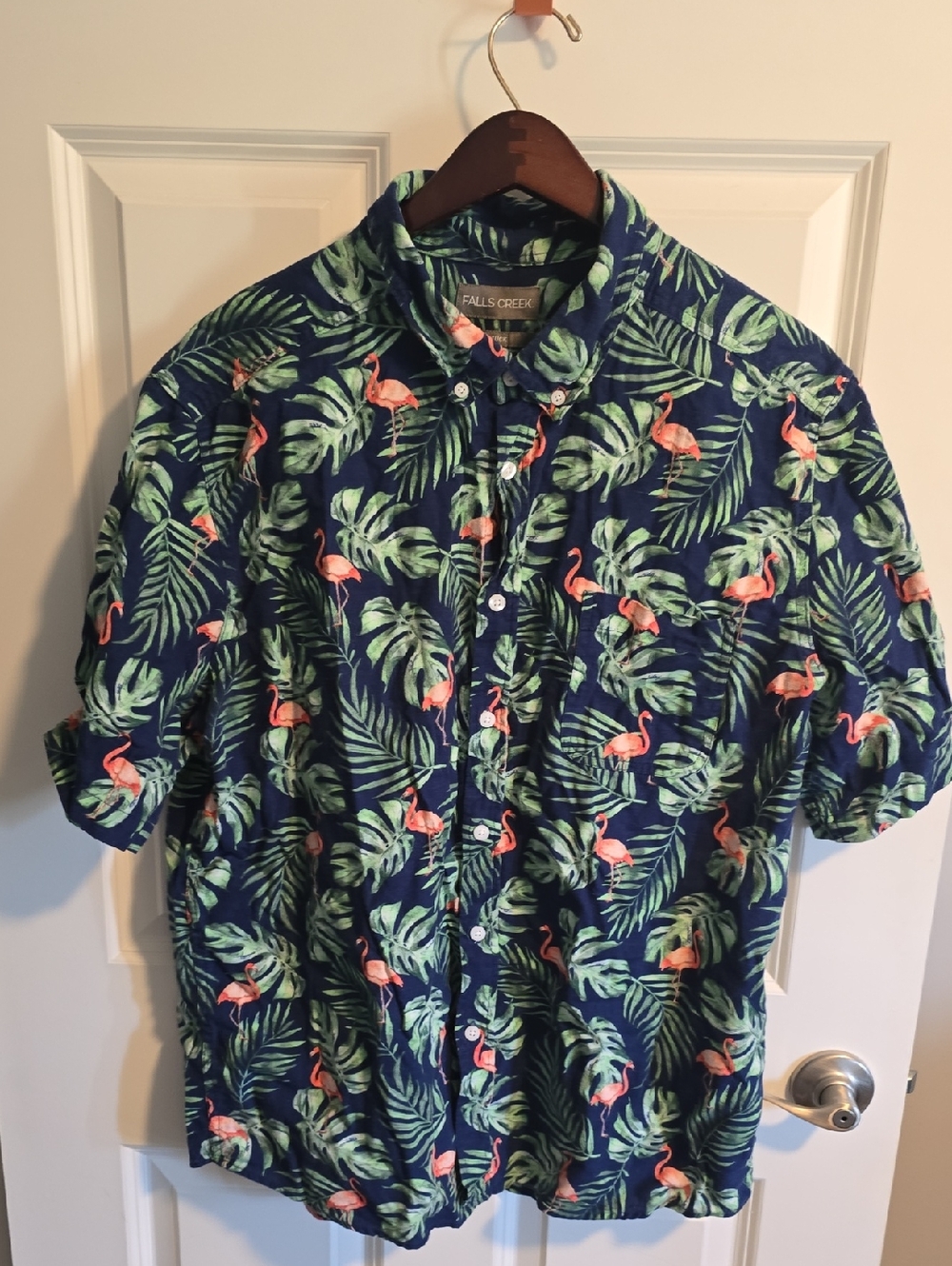 Falls Creek Navy Button-Up Shirt with Pink Flamingo & Green Leaf Print